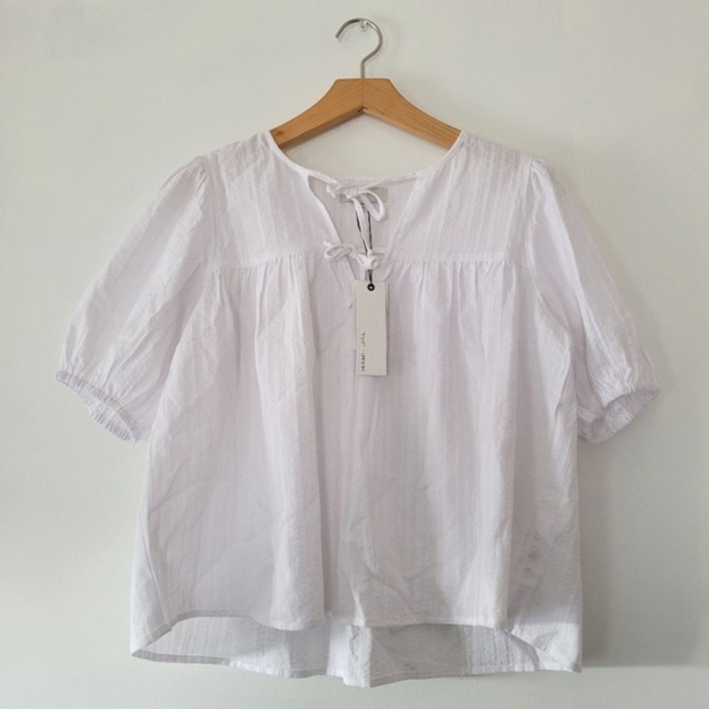 Habitual 100% Cotton White Women's Top Blouse Tie NWT Puff Sleeve
